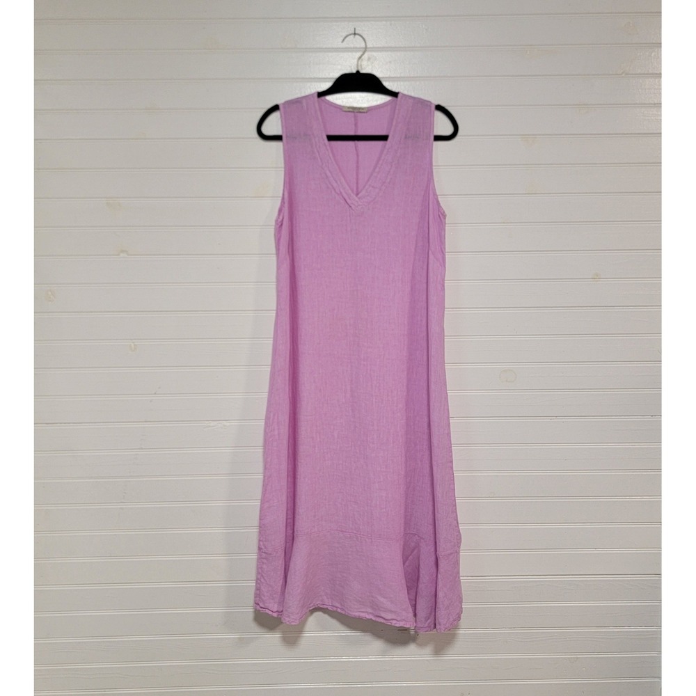 Francesca Bettini Italy Pink Linen V-Neck Sleeveless Ruffle Hem Midi Dress Large
